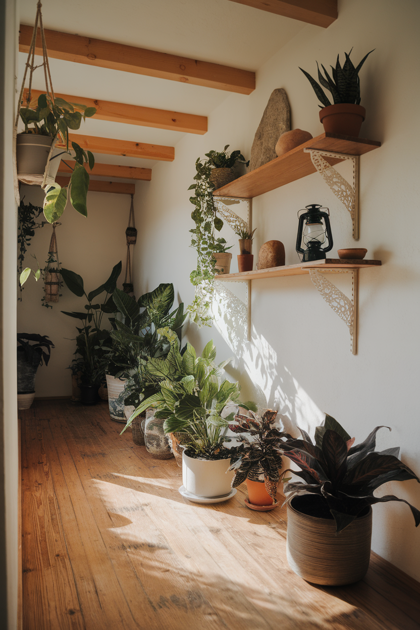 A bright indoor space filled with various potted plants and natural light streaming in.