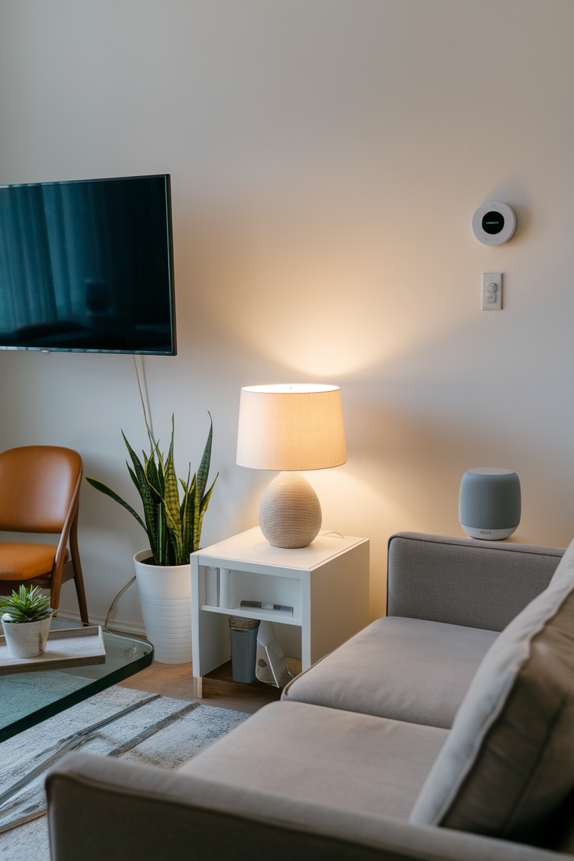 A modern small living room with a TV, lamp, plants, and smart devices.
