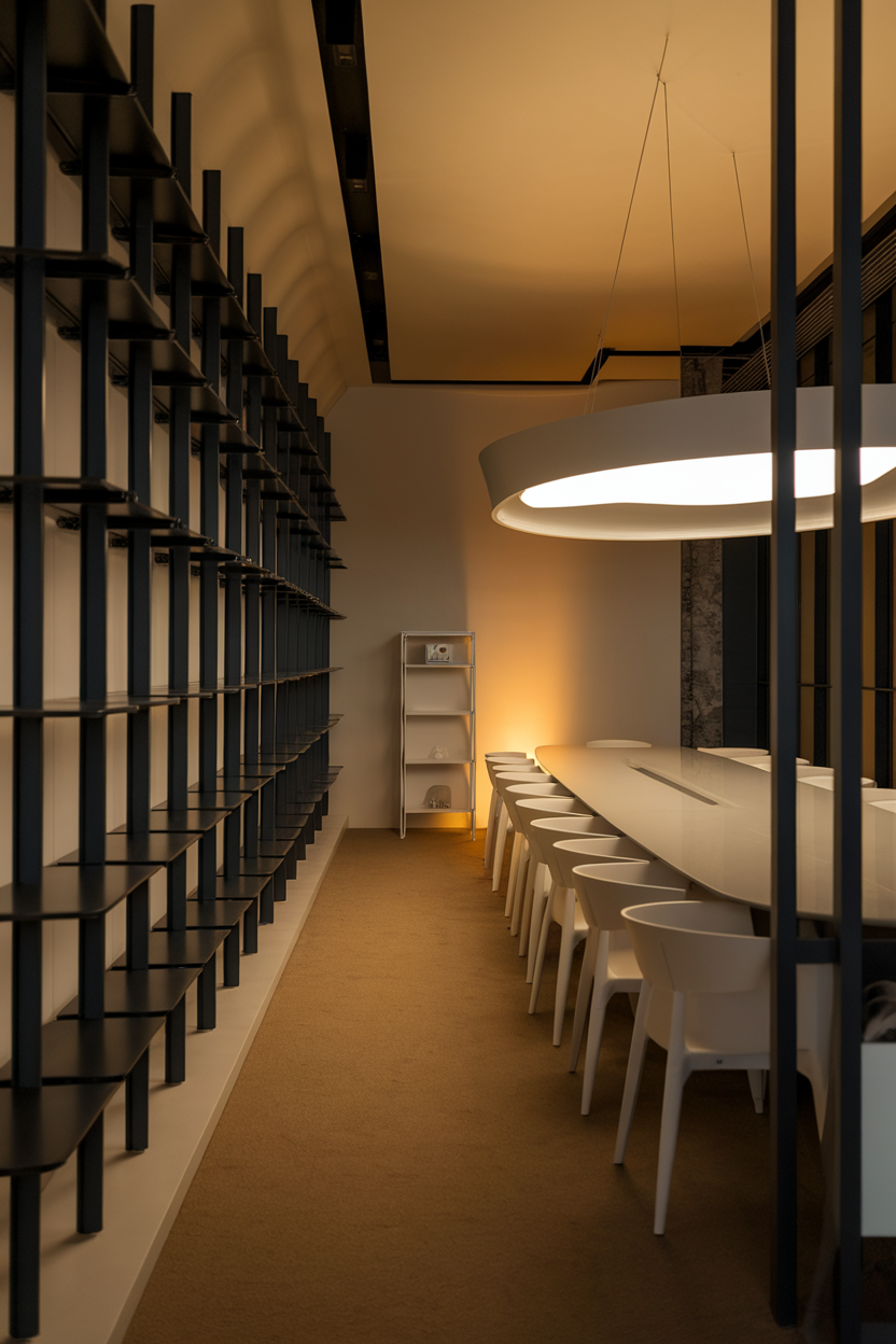 A modern workspace featuring sleek furniture and innovative lighting.