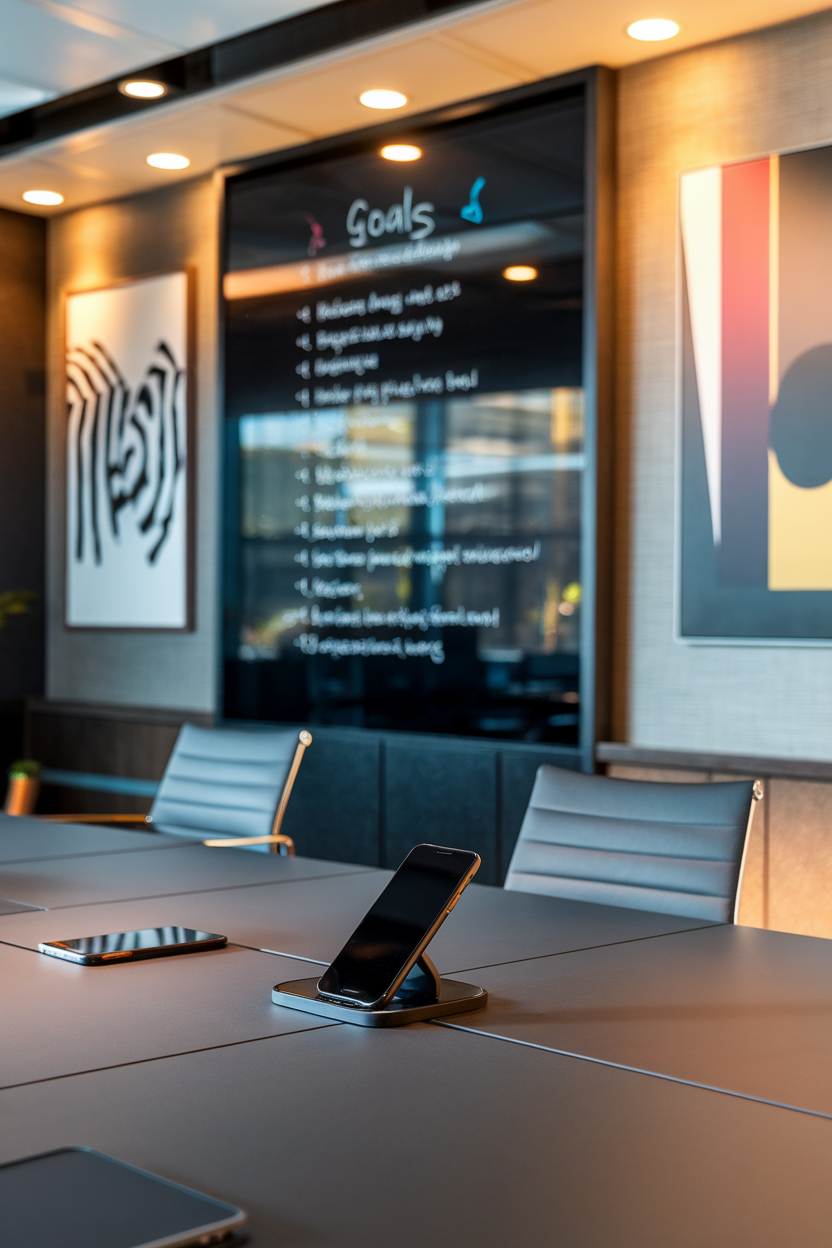 A modern office meeting room with a wireless charging station and digital display showing goals.