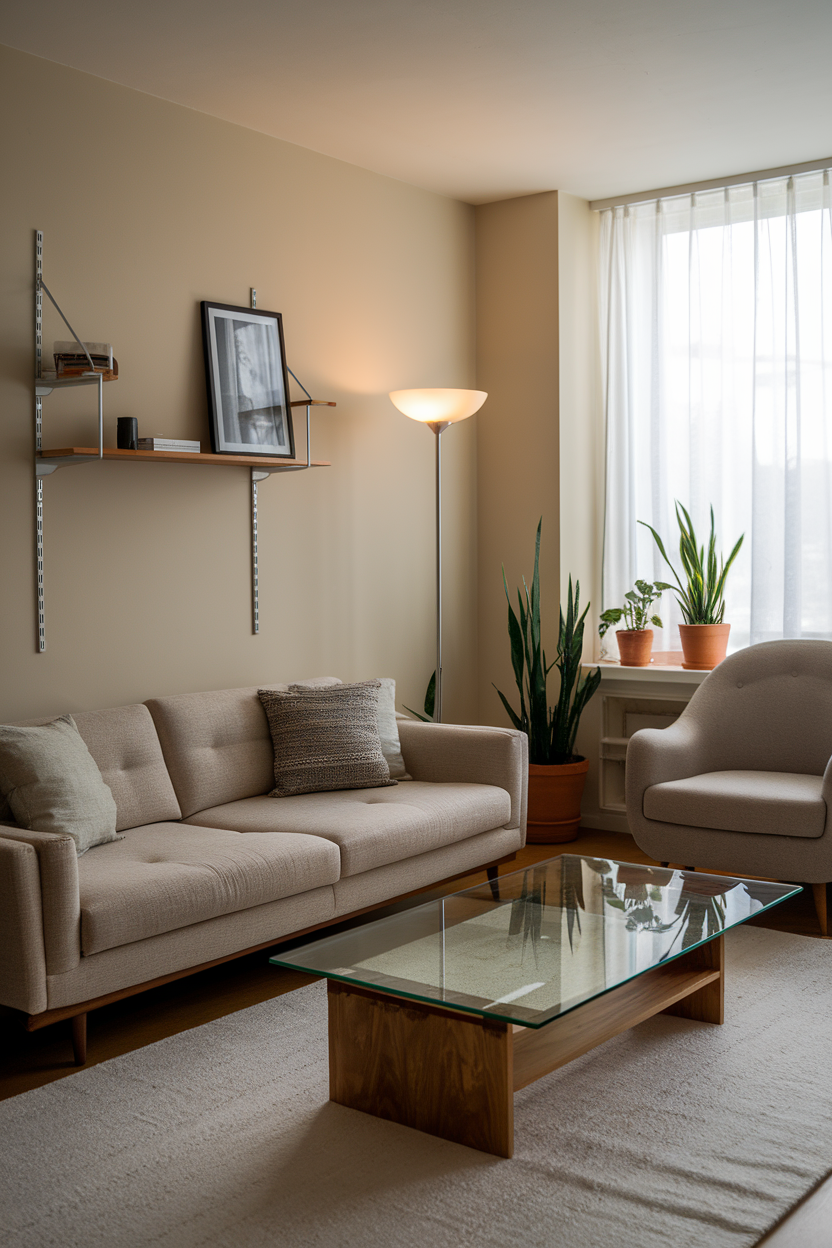 A cozy living room featuring a modern sofa, glass coffee table, and plants, illustrating a seamless blend of technology and comfort.