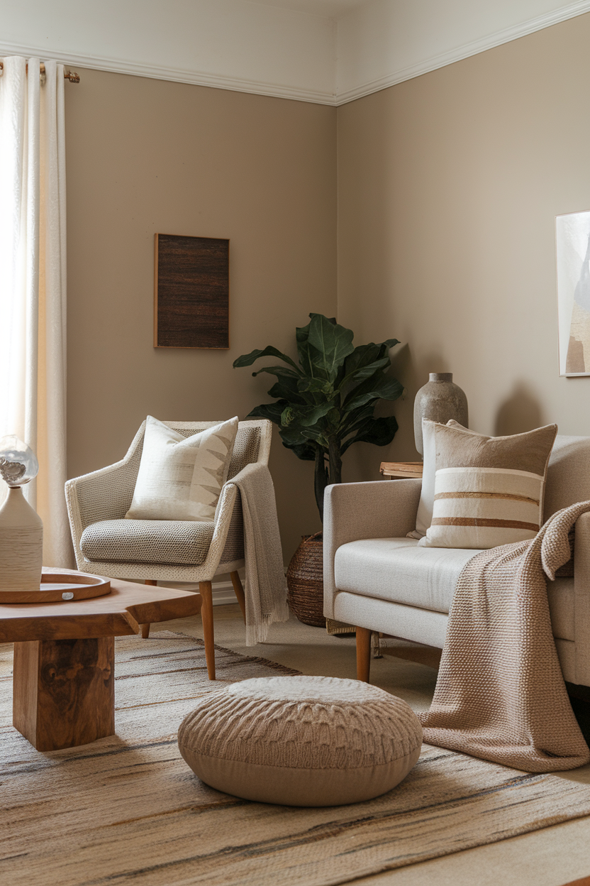 A small living room featuring textured furnishings, including soft chairs, a wooden coffee table, and decorative pillows.