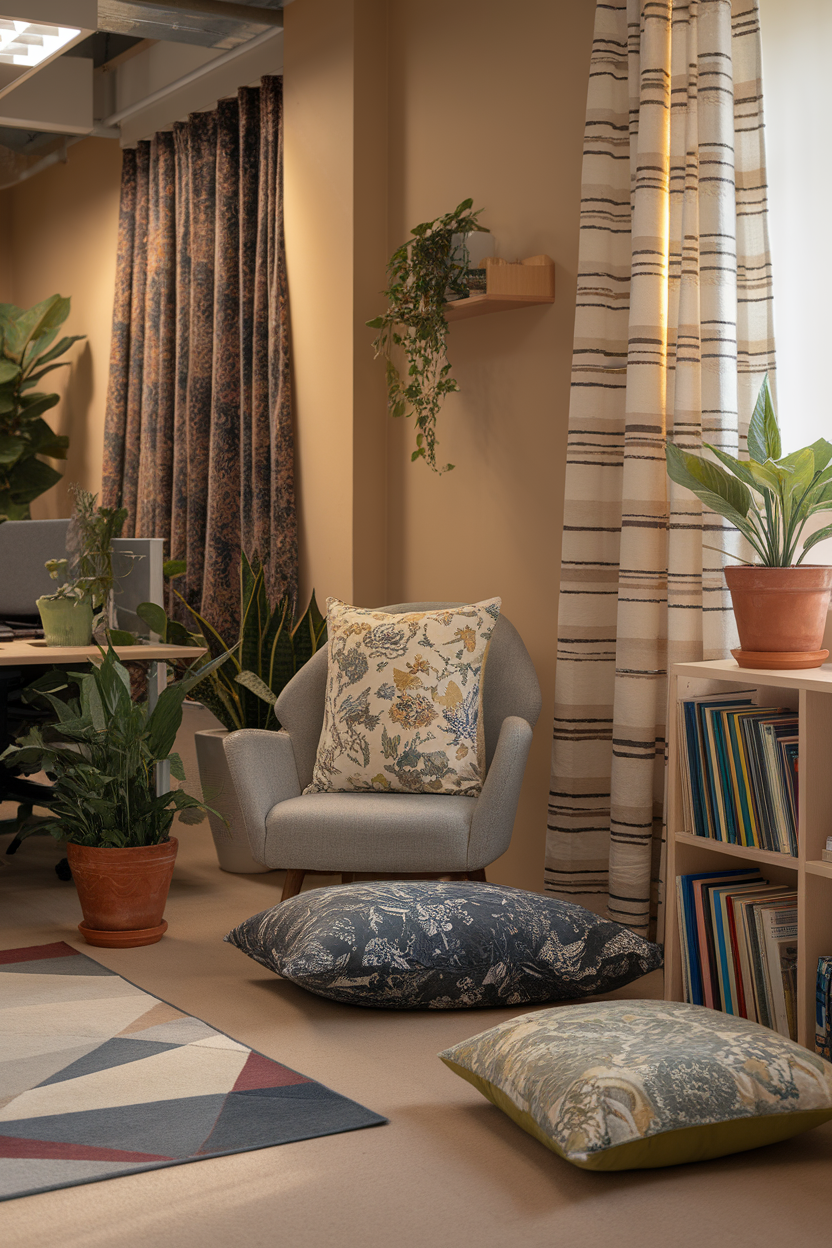 A cozy office corner featuring plants, a comfortable chair with decorative pillows, and textured curtains.