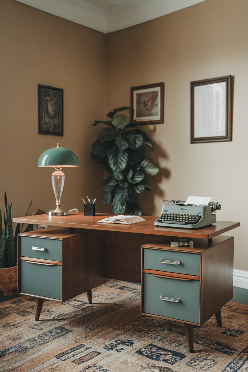 A vintage office setup featuring a wooden desk, a retro lamp, and a typewriter.
