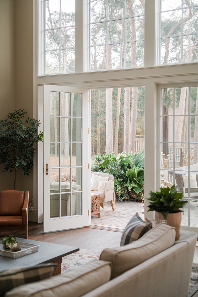 A cozy living room with large glass doors leading to a deck surrounded by trees.