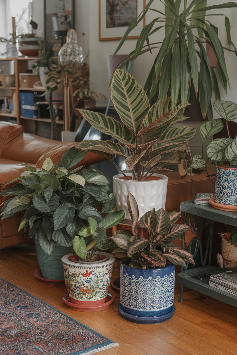 A cozy sitting room with various indoor plants in decorative pots.