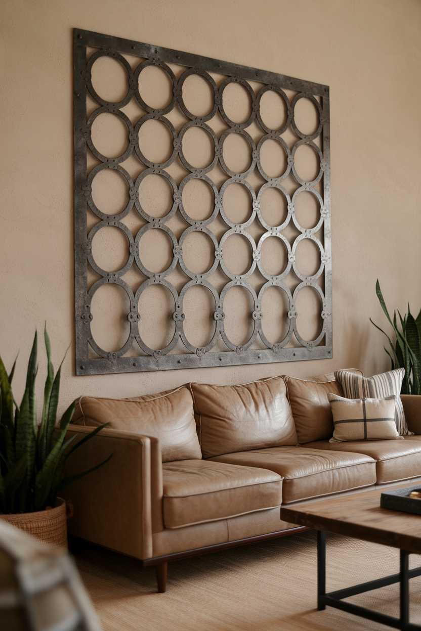 Industrial-style metal wall art above a leather couch in a living room