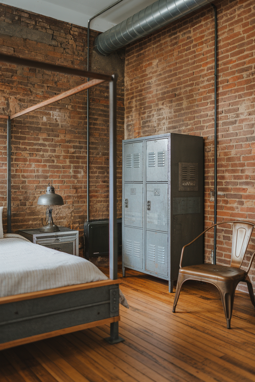 A stylish bedroom featuring exposed brick walls, wooden flooring, and industrial furniture.