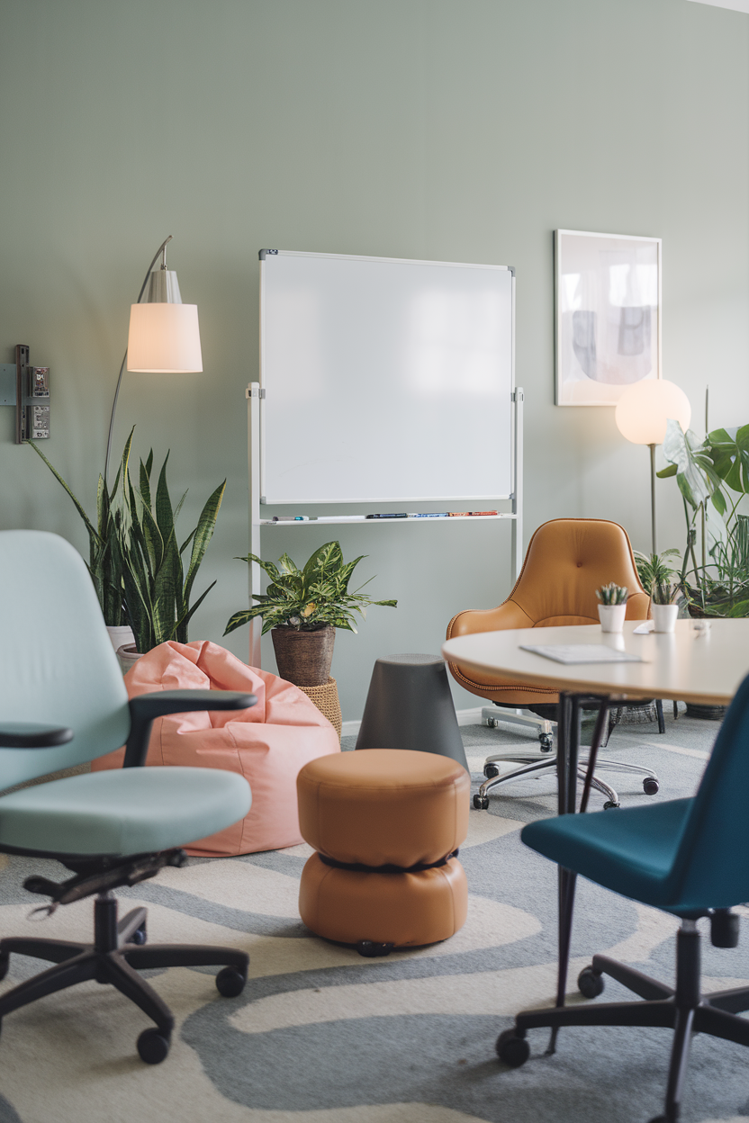 A modern meeting room with soft seating, plants, and a whiteboard.