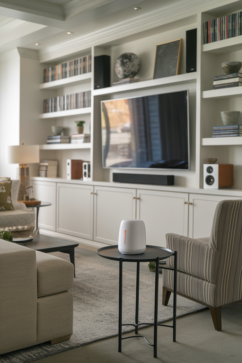 A modern sitting room with integrated technology featuring a TV, speakers, and a smart speaker on a side table.