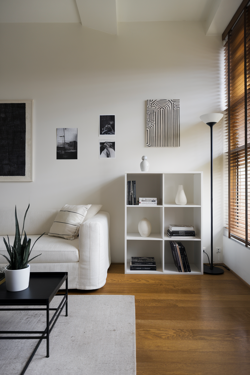 A modern living room with a cozy sofa, bookshelf filled with books, decorative plants, and stylish lamp.