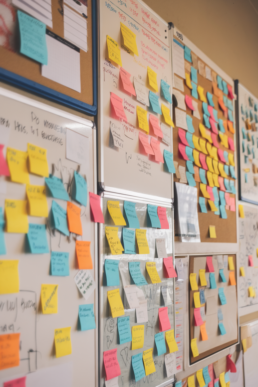 A wall covered with whiteboards and colorful sticky notes, showcasing collaborative brainstorming.