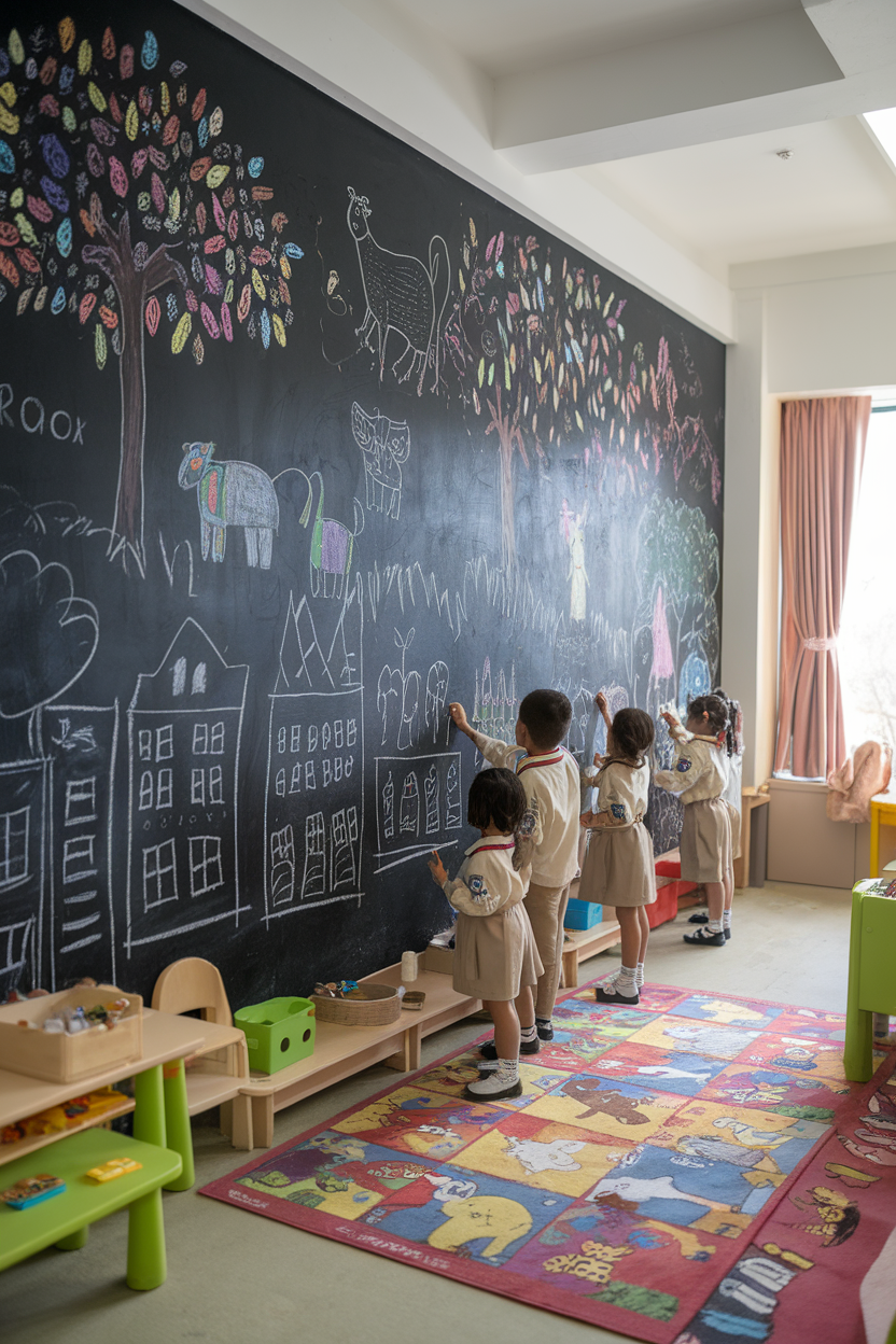 Children drawing on a chalkboard wall with colorful chalk, showcasing playful artwork in a bright, cheerful room.