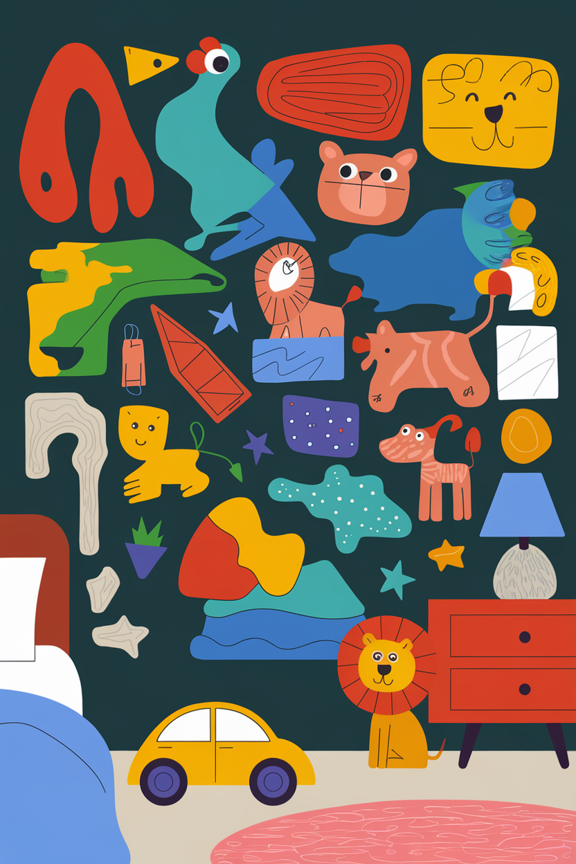 Colorful interactive wall art featuring animals and shapes in a child's room.