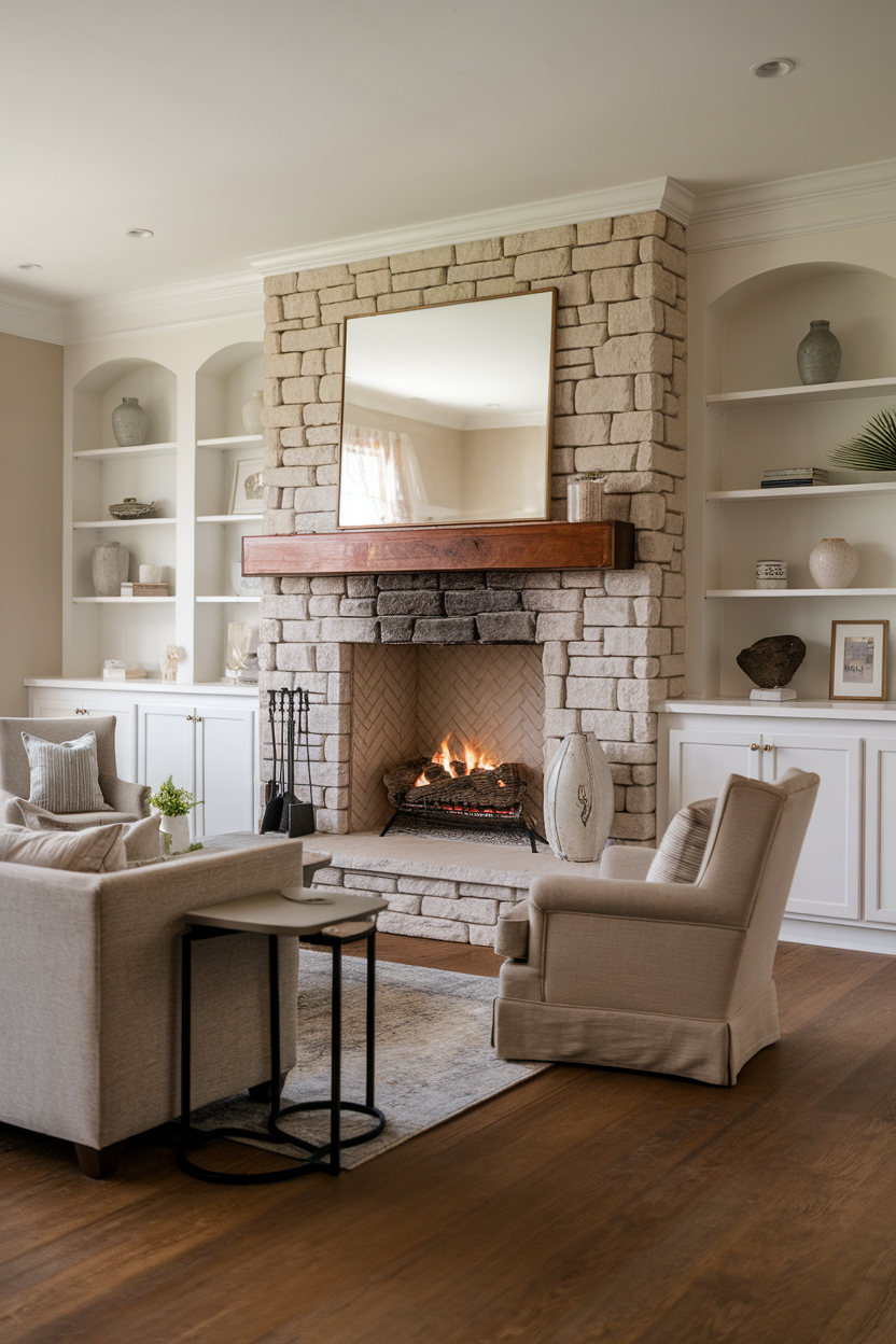 A cozy living room featuring a stone fireplace with a warm fire, surrounded by comfortable seating.