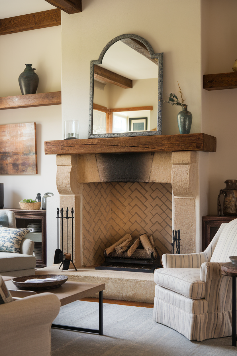 A cozy sitting room featuring a fireplace with a wooden mantle, a mirror, and decorative items.