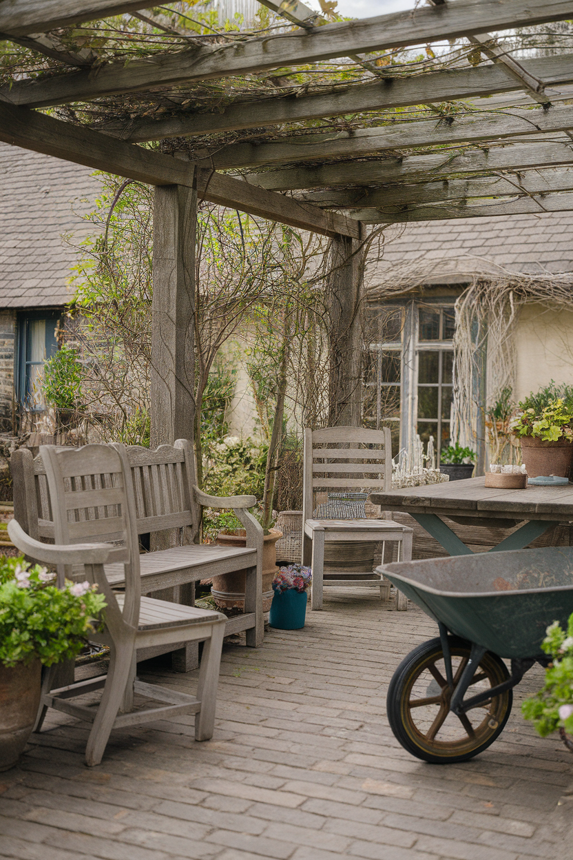 A serene outdoor living space featuring rustic wooden furniture and vibrant plants.