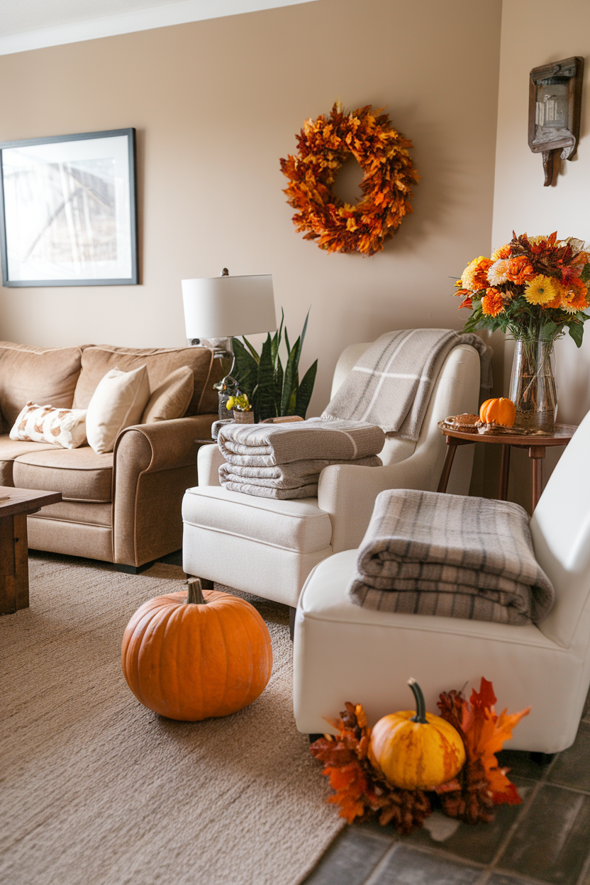A cozy living room decorated for fall with pumpkins, a wreath, and warm-colored decor.