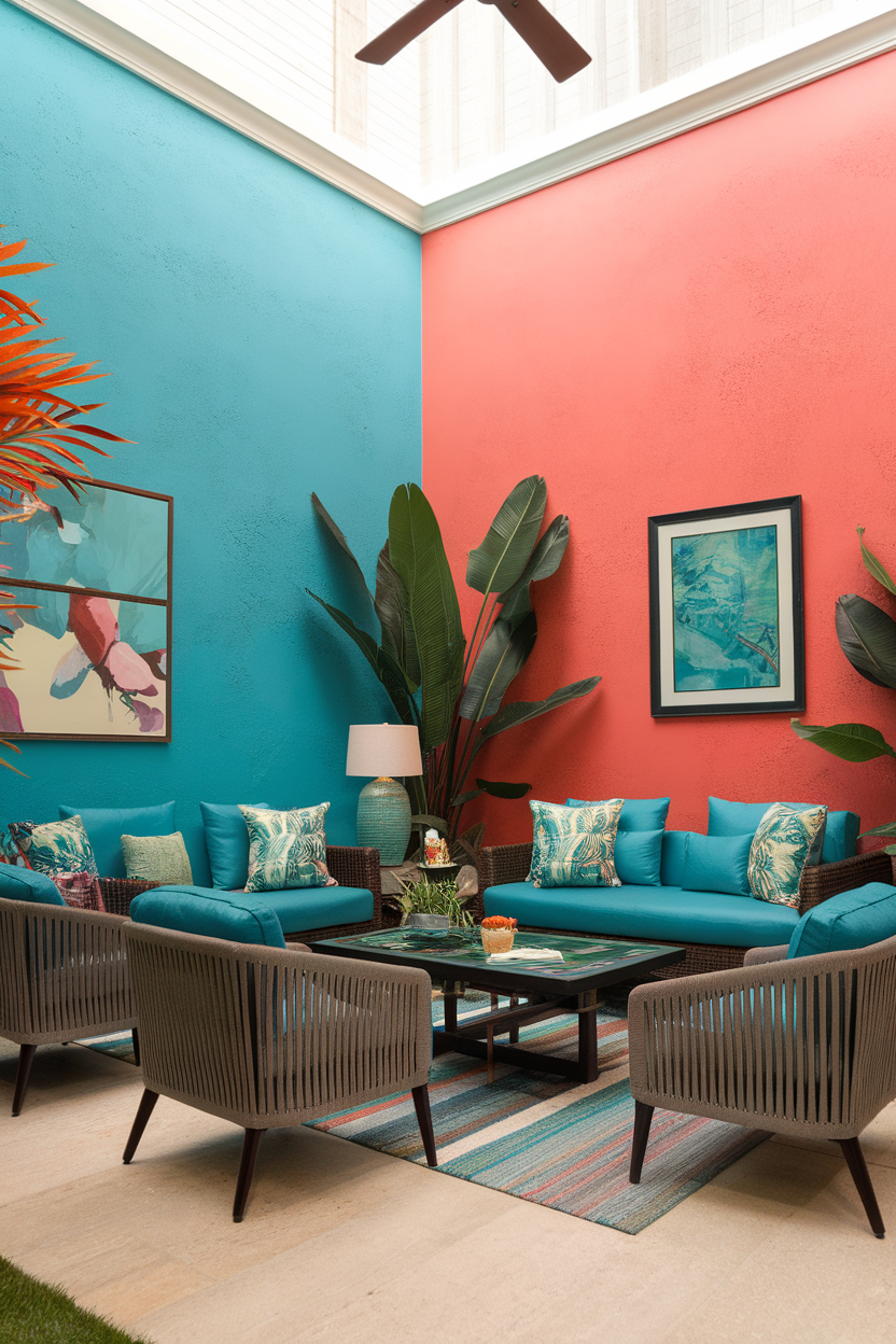 A cozy seating area with turquoise and coral walls, showcasing island-inspired decor.