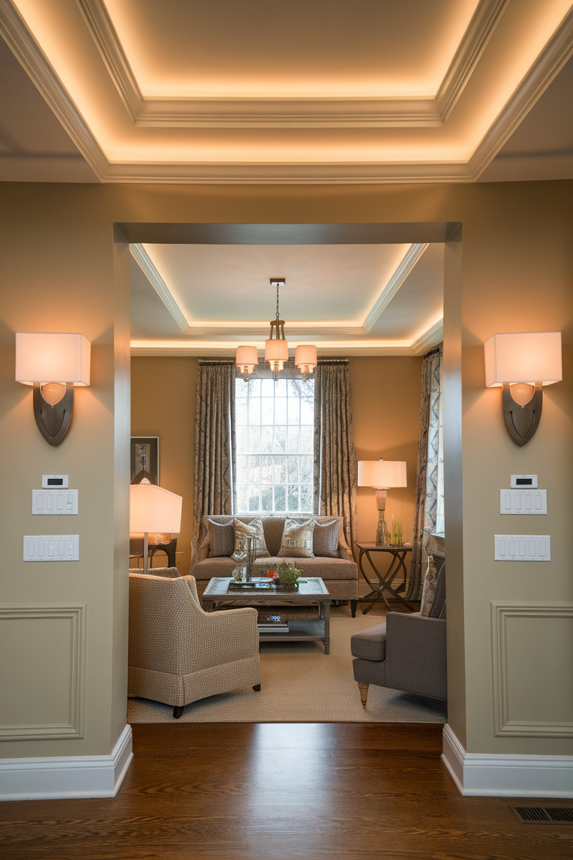 Modern sitting room with layered lighting and elegant decor