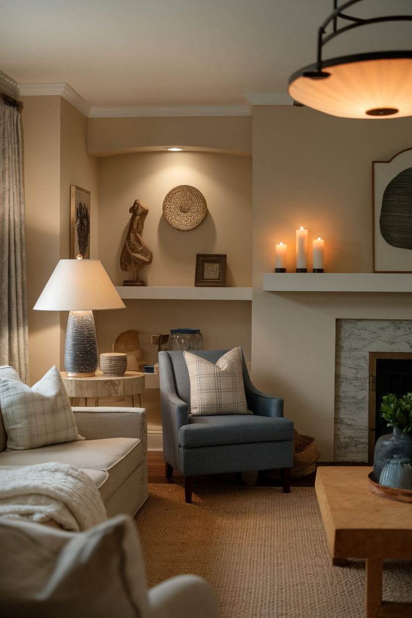 Cozy living room with layered lighting including a table lamp, candles, and decorative wall lights.