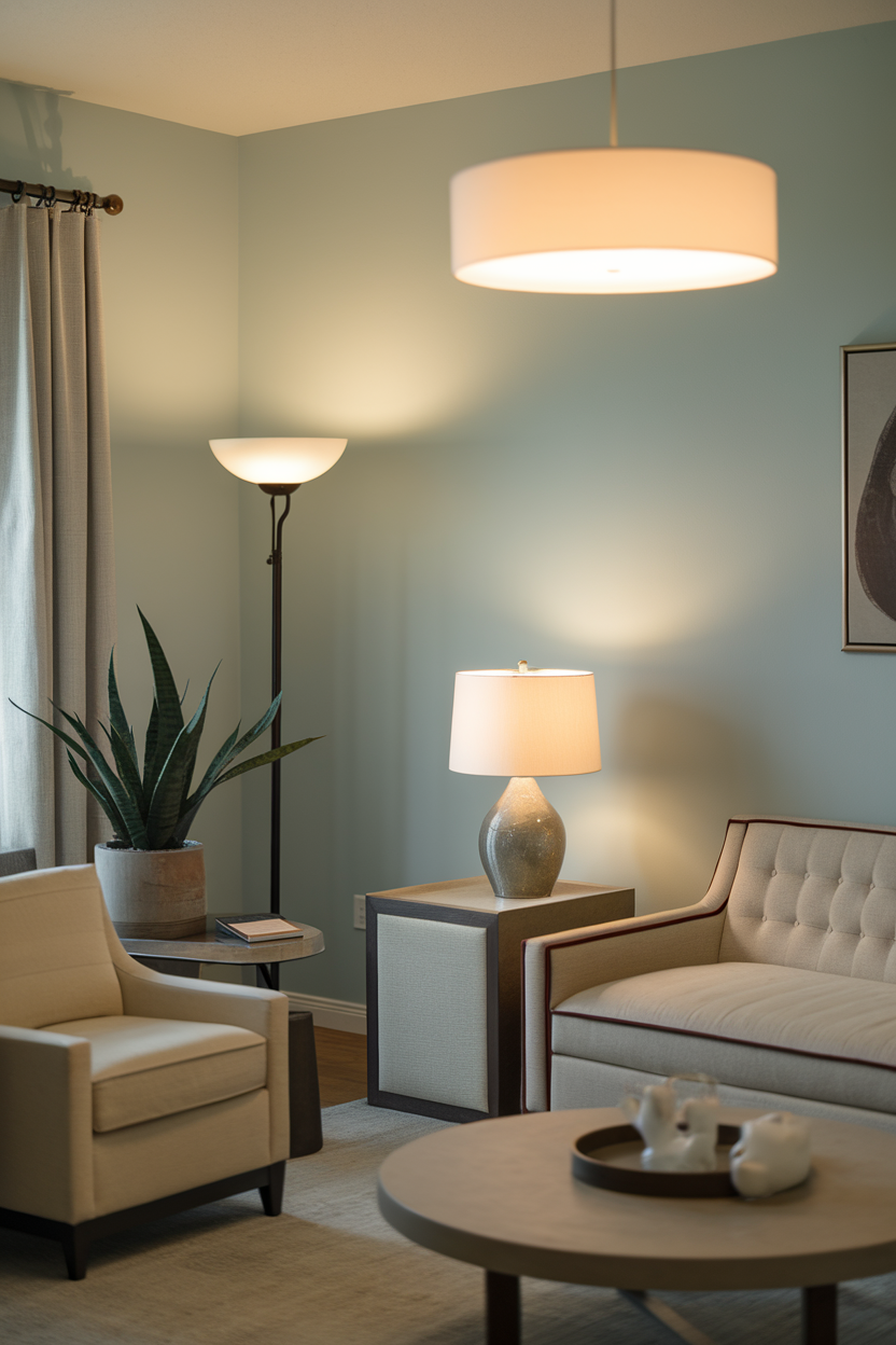 A cozy living room with layered lighting from various sources including a floor lamp, table lamp, and ceiling light.