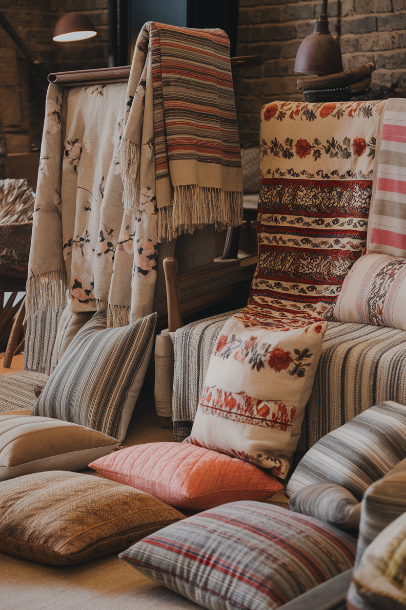 A cozy sitting room with various layered textiles, including cushions and throws in different patterns and colors.
