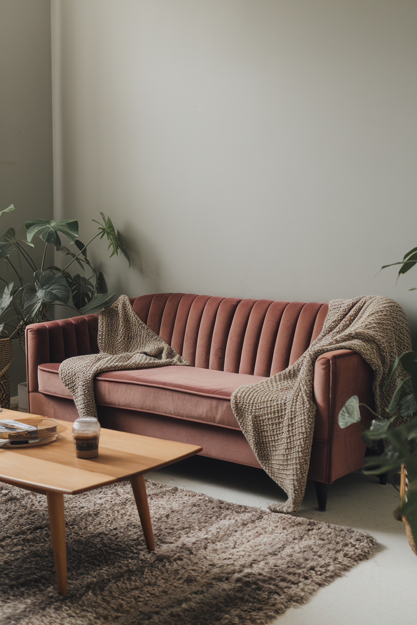 Cozy living room with a velvet couch, blanket, and plants