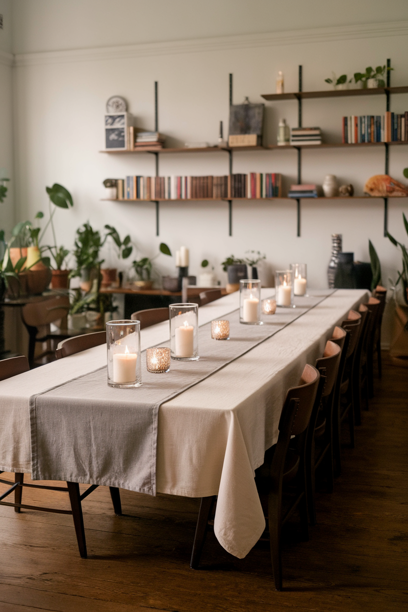 A beautifully set dining table with layered fabrics and candles.