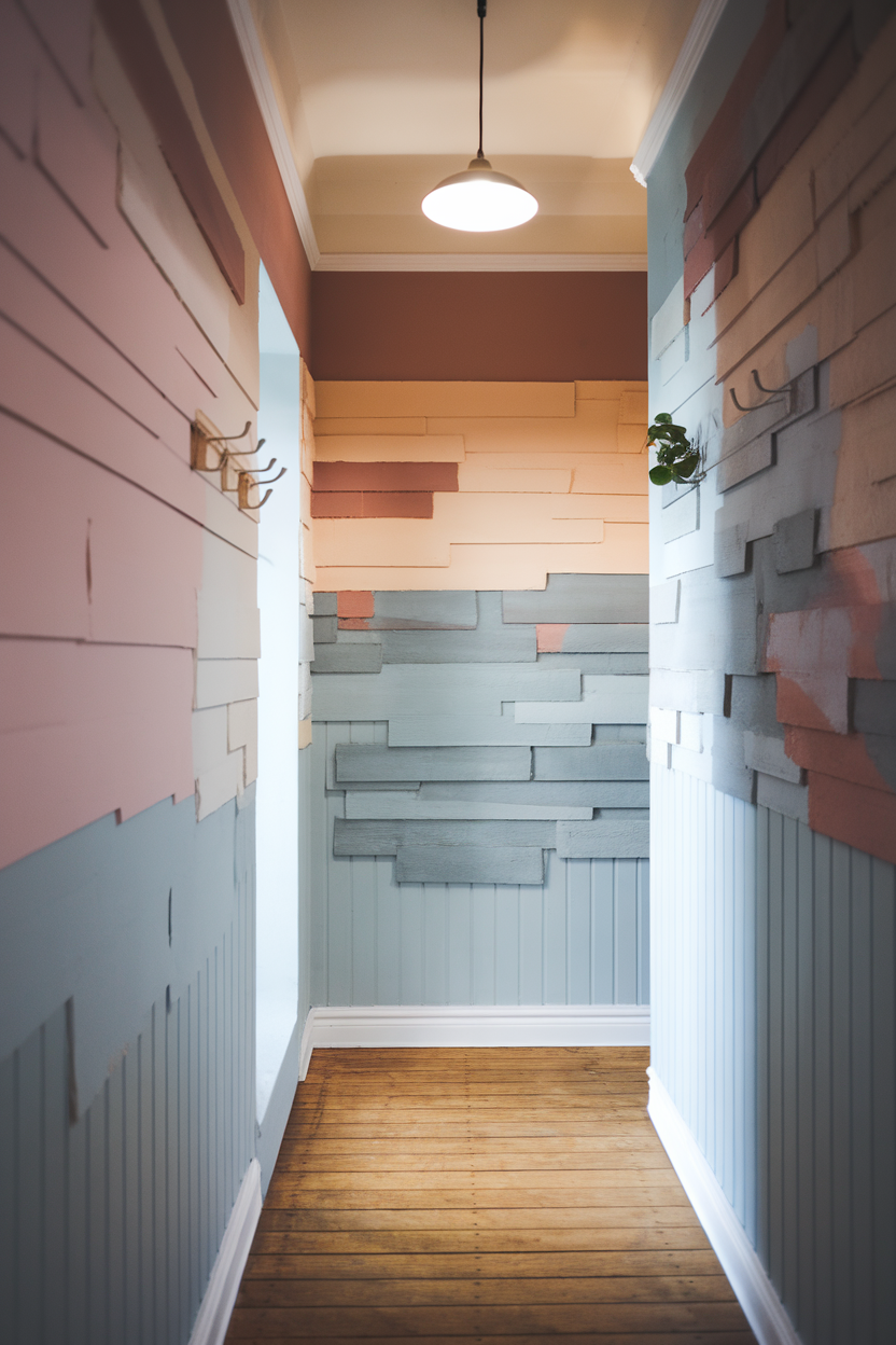 A hallway featuring layered paint textures in soft colors