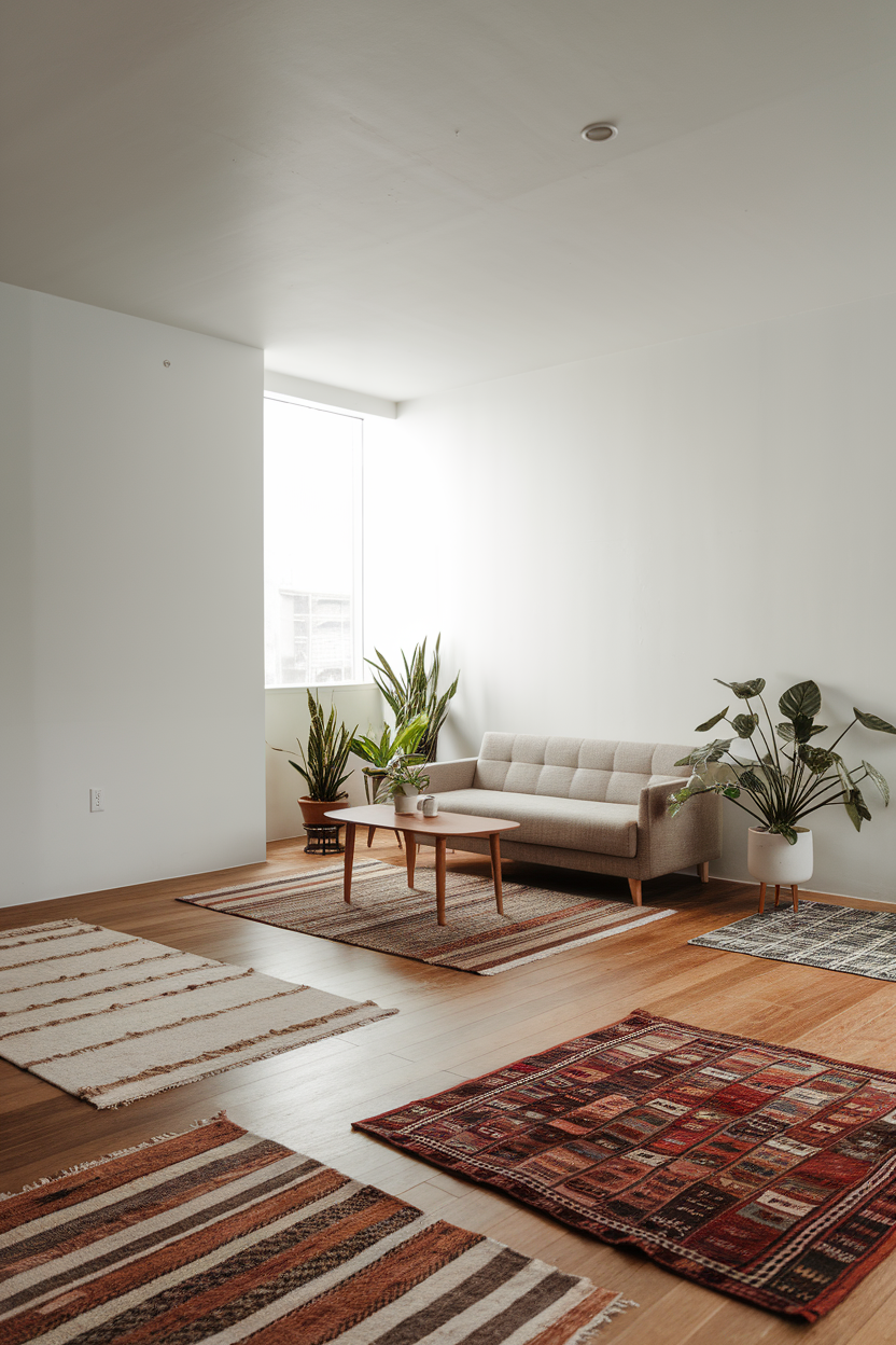 A cozy living room with layered rugs on wooden flooring, featuring a sofa and plants.