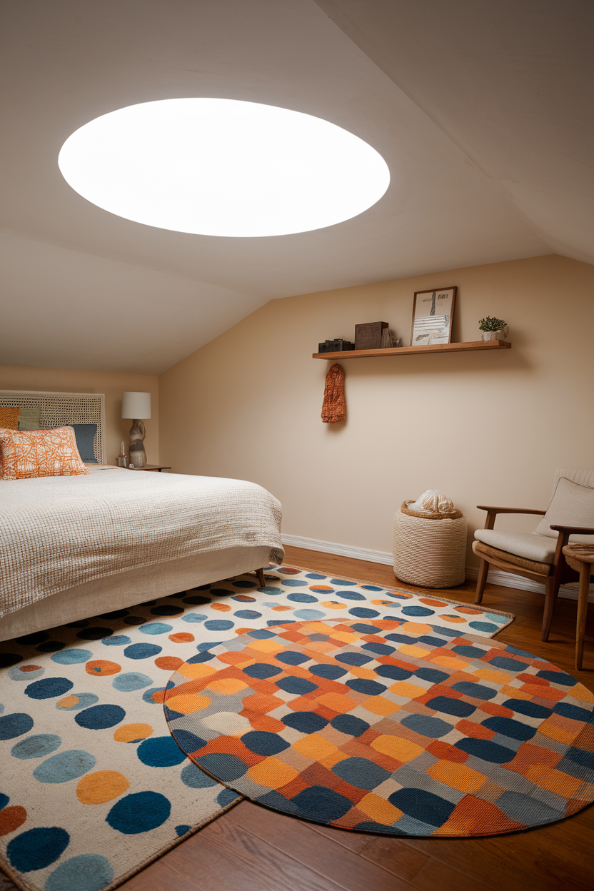 A cozy bedroom featuring layered rugs with vibrant patterns and a comfortable bed.