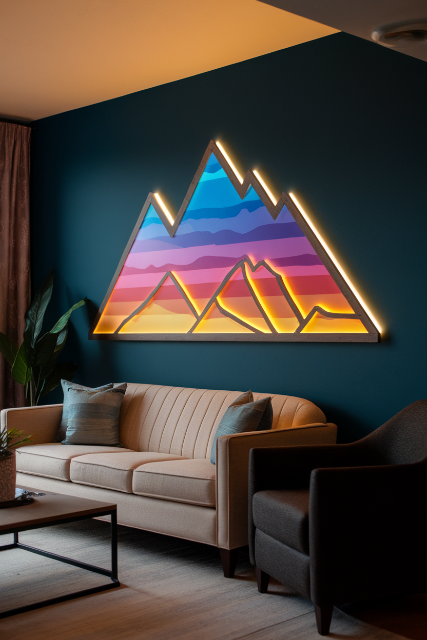 Colorful lighted mountain wall art above a beige couch in a living room