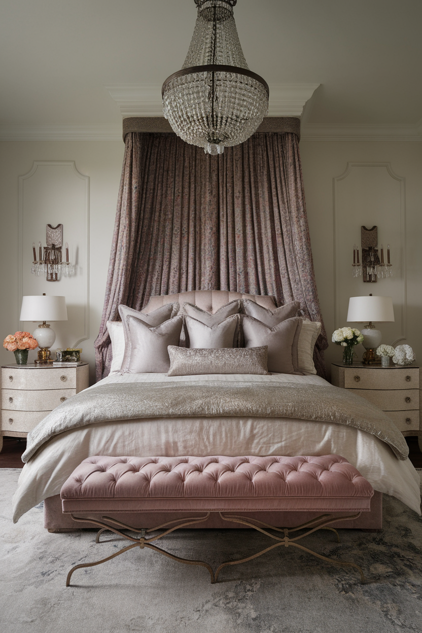 Luxurious bedding with layered textiles in a beautifully designed bedroom