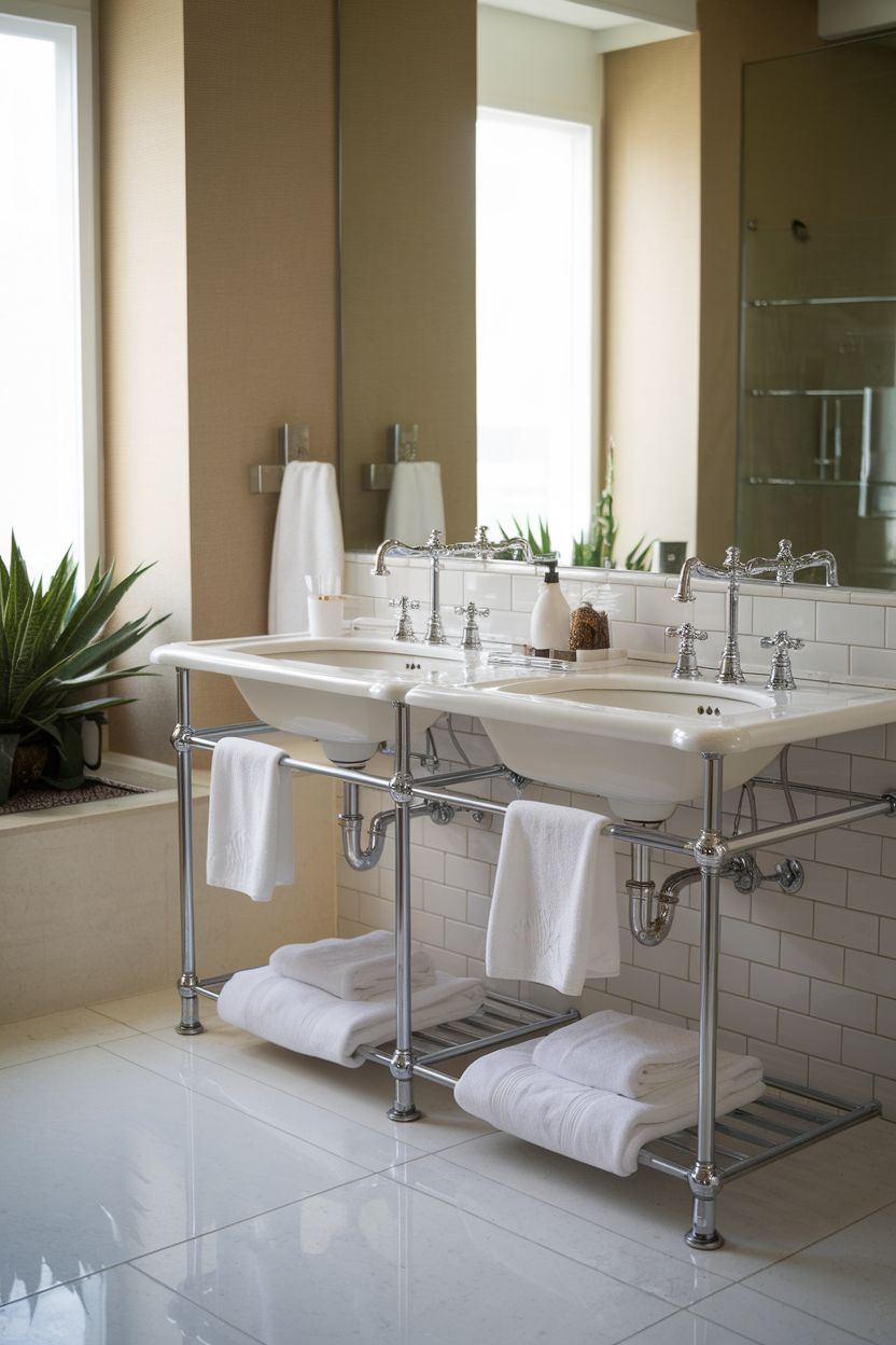 A beautifully designed bathroom featuring a double sink vanity with elegant fixtures.