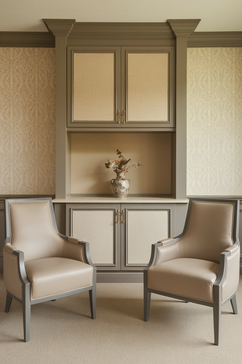 A cozy office setup featuring two elegant beige chairs and a decorative vase.