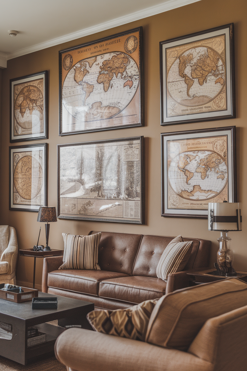 A cozy living room with framed map art on the walls, featuring a brown couch and stylish decor.