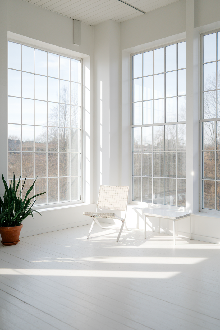 Bright room with large windows, white walls, and a potted plant, showcasing natural light.