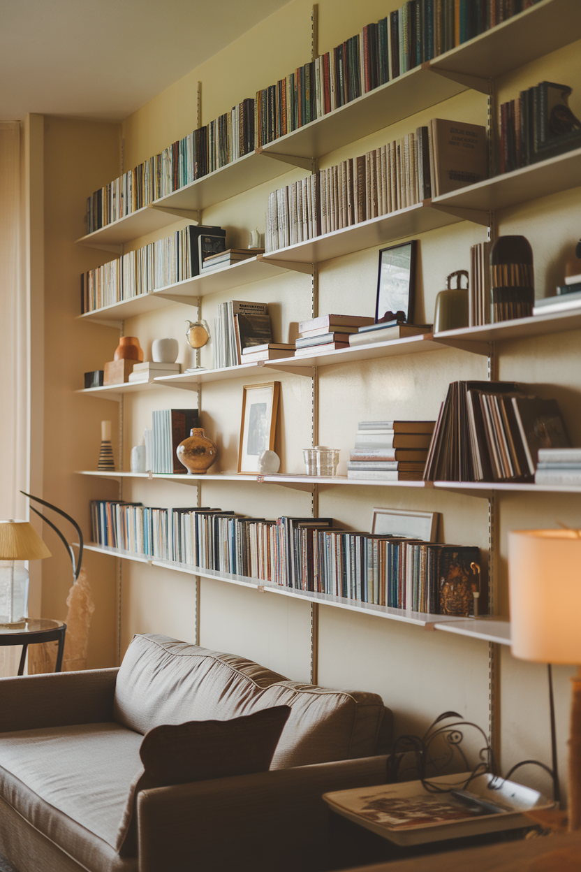 A cozy living room with light-colored walls and a sofa, featuring multiple shelves filled with books and decorative items.
