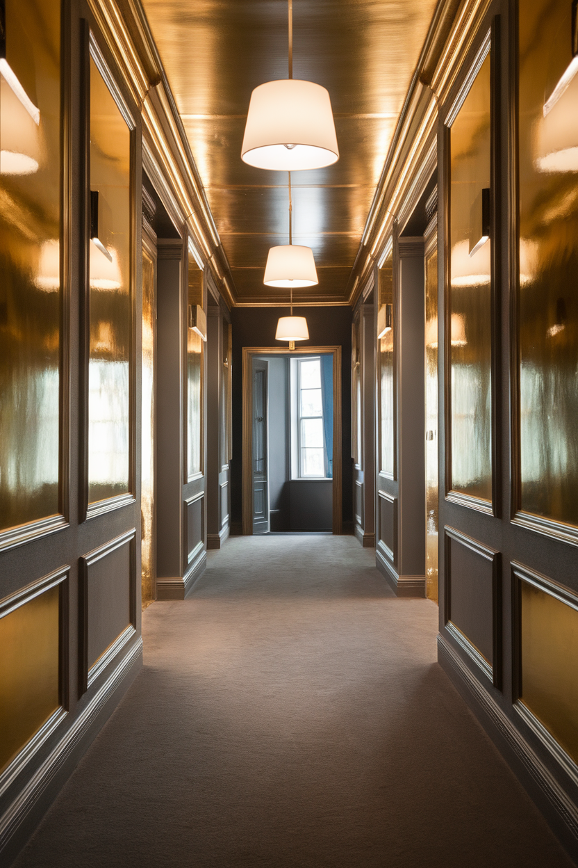 A hallway with metallic gold accents on the walls, featuring modern lighting.