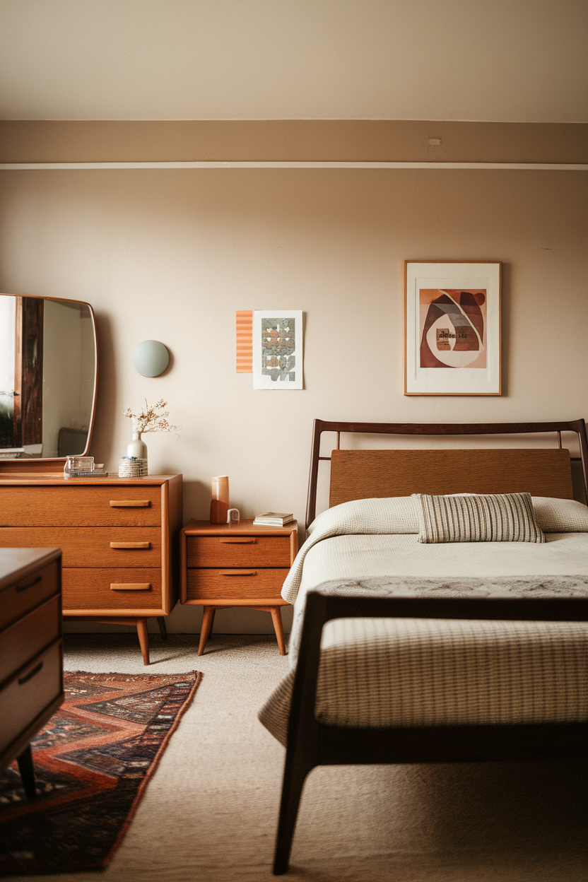 Cozy mid-century modern bedroom with wooden furniture and warm color tones.