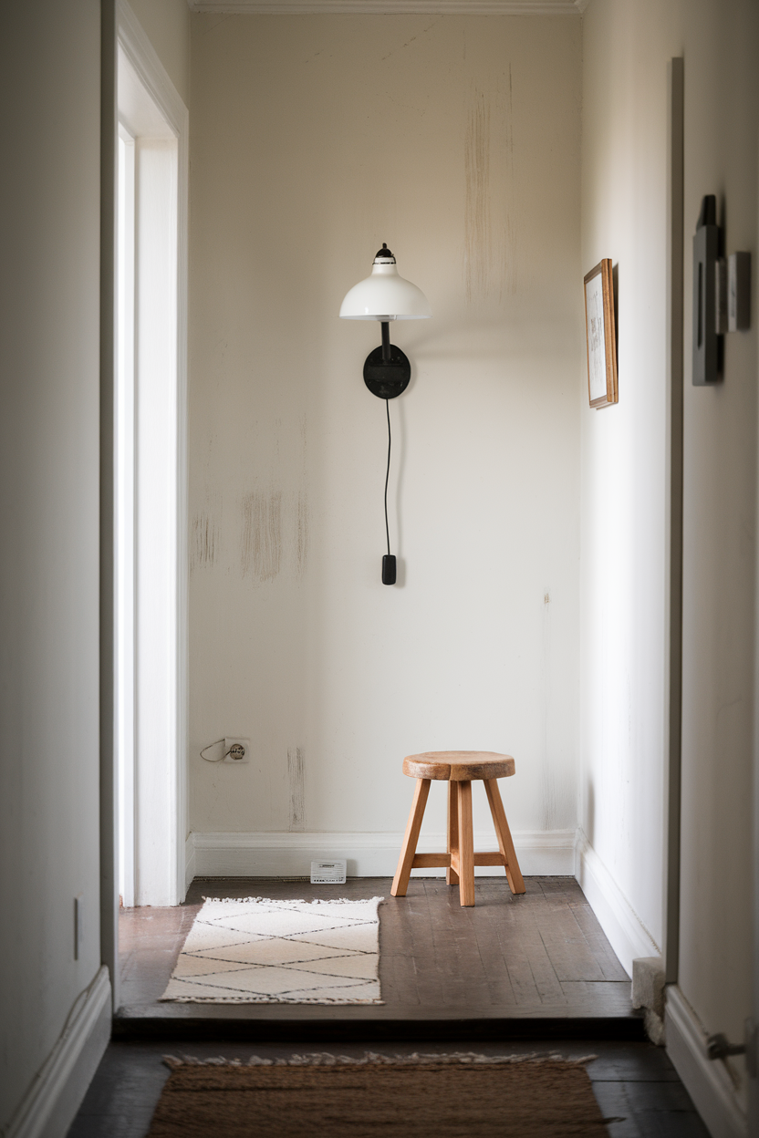 A minimalist hallway featuring a stool and a wall lamp.