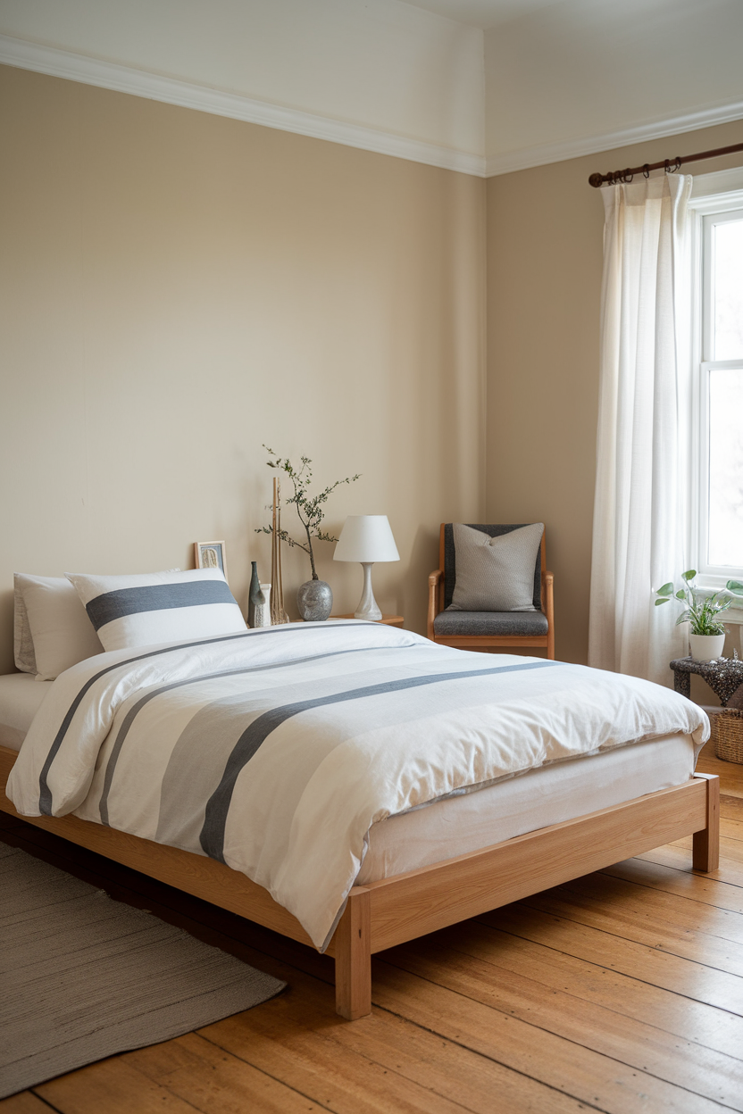A minimalist bedroom featuring a wooden bed, neutral walls, and soft bedding