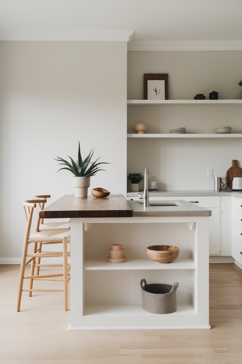 A minimalist kitchen featuring clean lines, wooden accents, and simple decor elements.