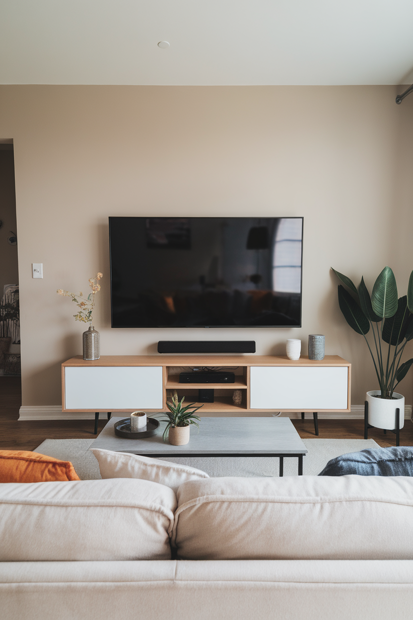 A minimalist entertainment setup featuring a sleek TV, a stylish media console, and some indoor plants.