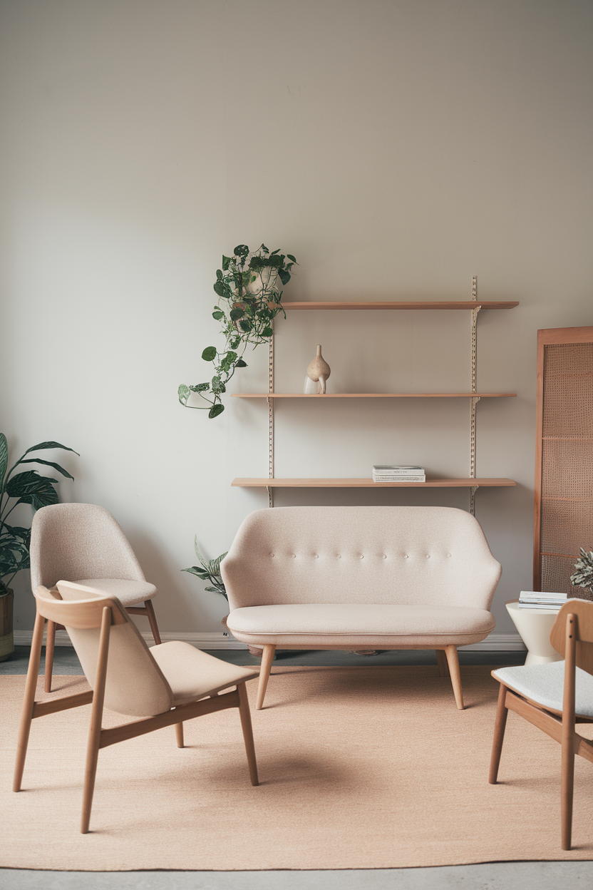A cozy sitting room with Scandinavian decor featuring a light sofa, wooden chairs, and plants.