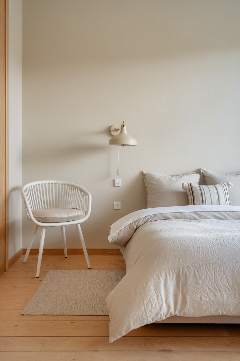 A minimalist bedroom with a bed, chair, and soft lighting.