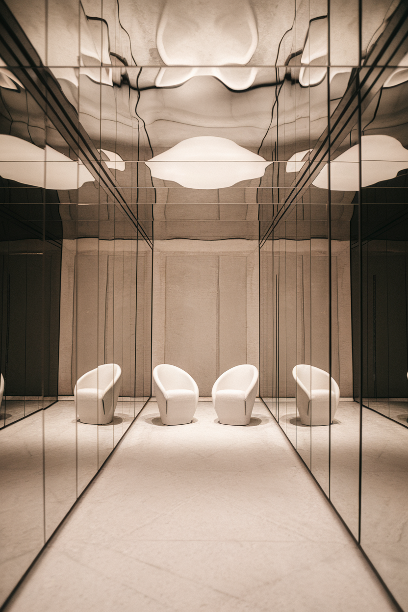Interior scene featuring three white chairs in a mirrored room.