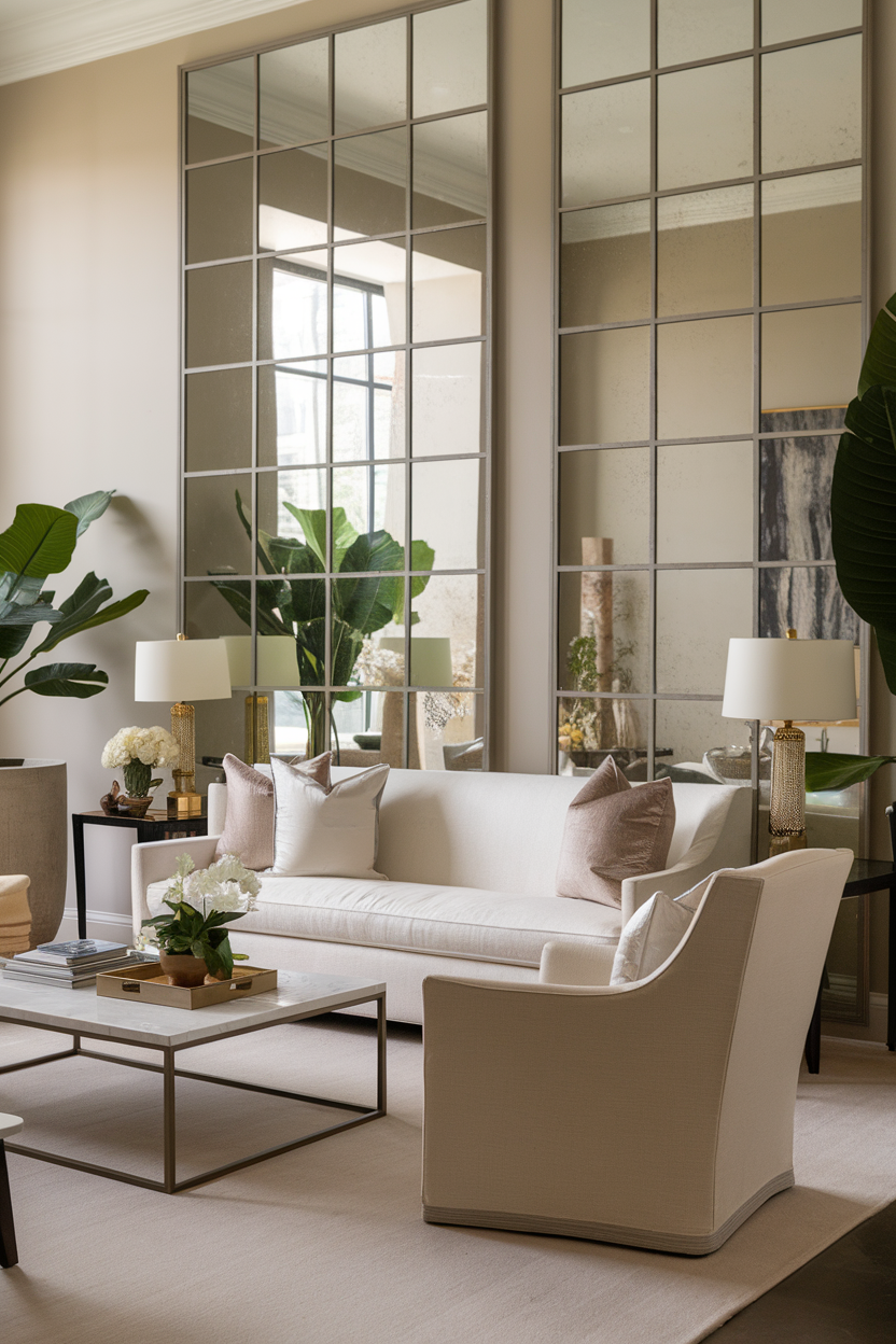 Brightly decorated living room featuring large mirrors that create an illusion of space.