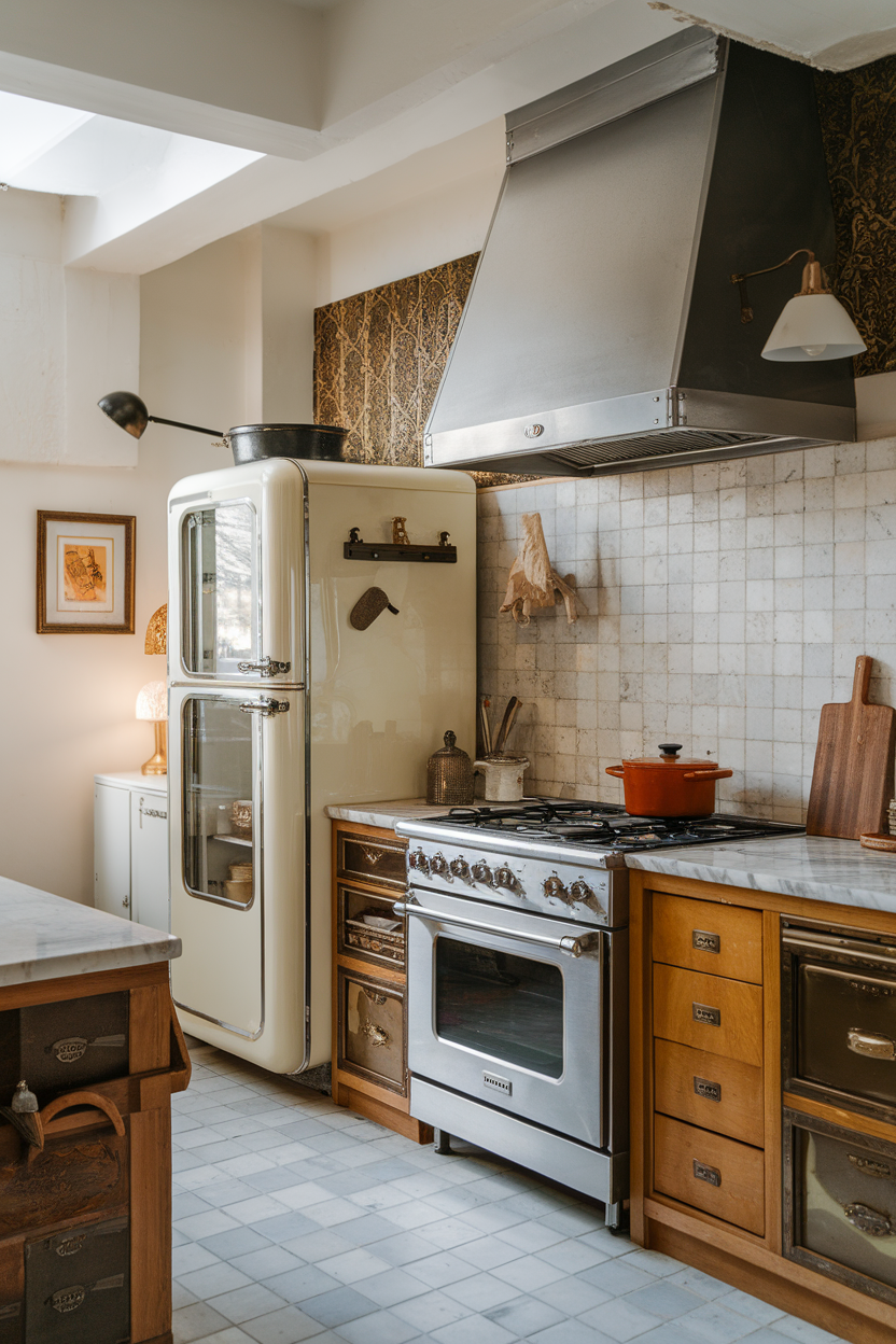 A kitchen combining modern stainless-steel appliances with vintage decor.